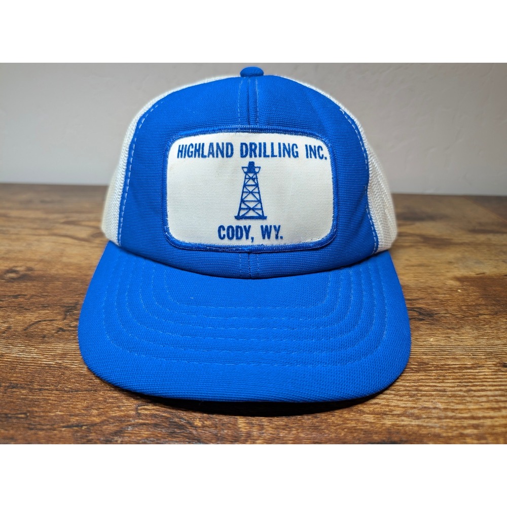 Vintage Highland Drilling Inc Cody WY Trucker Hat Cardinal Blue White Snapback